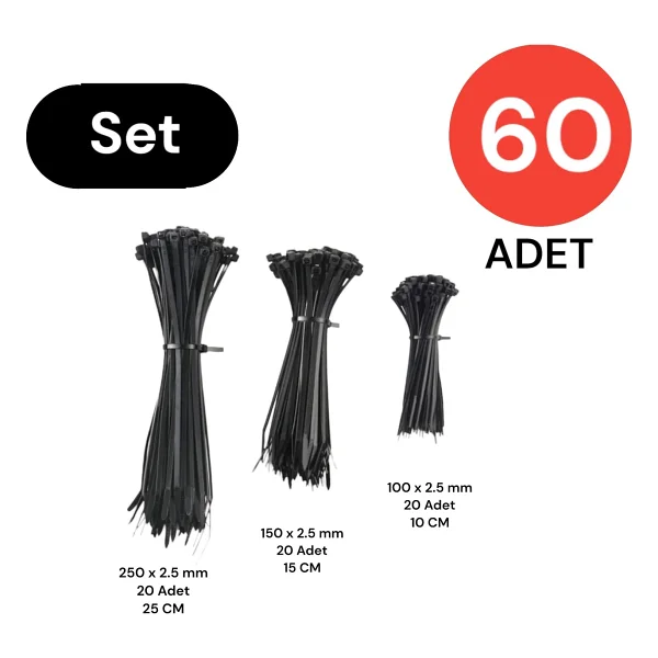 tek-iş Plastik Kablo Bağı Cırt Kelepçe Set 100 mm - 150 mm - 250 mm X 2.5 mm Siyah (20 şer adet X 3) 60 Adet - Görsel 4