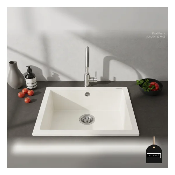 RealStone Gordion K012 60 Tek Gözlü Beyaz Granit Eviye - Görsel 2