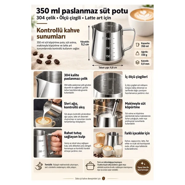 304 Çelik 350 ml Kahve Süt Köpürtme Potu Sütlük Pitcher cin502 - Görsel 6