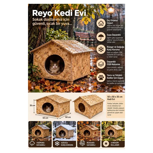 Reyo Kedi Evi Dış Ortam Uygun Ahşap Kedi Evi OSB 50x50x35 cm - CAT17 - Görsel 3