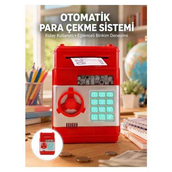 Kumbara Şifreli Atm Kasa Para Yutan Kumbara Şifreli Kırmızı - Görsel 6