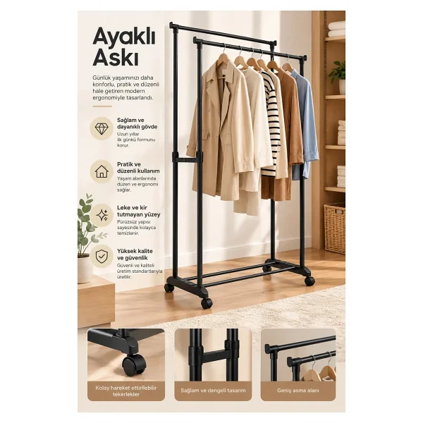 Porsima Perillas 18004 Shore Duo Yukseklik Ayarli Tekerlekli Esek Metal Askilik - Vestiyer Portmanto - Görsel 2