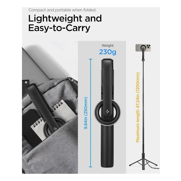 Spigen Kablosuz Bluetooth Selfie Çubuğu MagSafe Uzaktan Kumanda Tripod 60 cm MagFit S571W Black - AMP07656 - Görsel 4