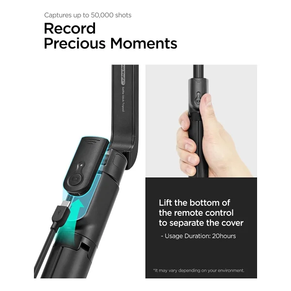 Spigen Kablosuz Bluetooth Selfie Çubuğu MagSafe Uzaktan Kumanda Tripod 60 cm MagFit S571W Black - AMP07656 - Görsel 5
