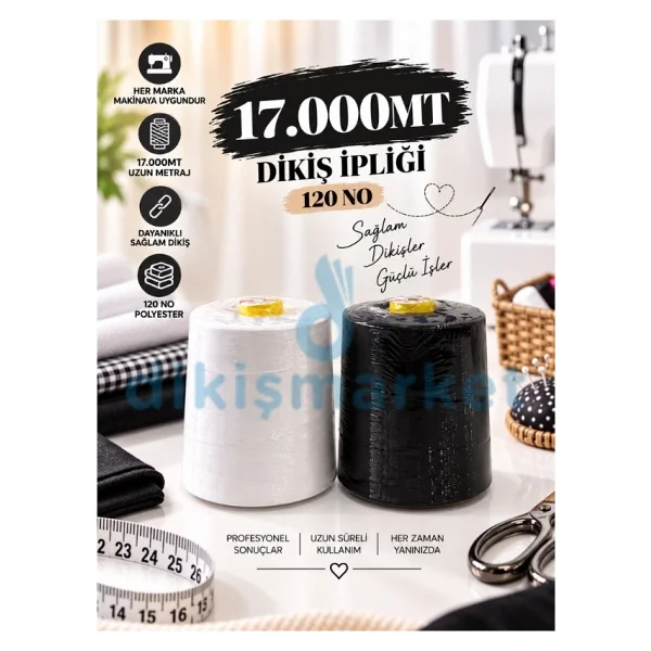 dm dikişmarket 120 Numara Yarım Kiloluk Dikiş İpi siyah/beyaz - yarım kg siyah /beyaz - Görsel 7