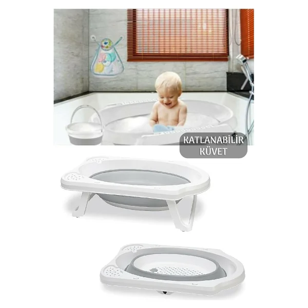 Katlanır Bebek Küveti - Akordiyon Çocuk Banyo Küveti Gri - Görsel 3