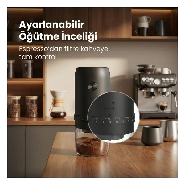 Şarjlı Kahve Öğütücü, İncelik Ayarlı Öğütme Sistemi, Güçlü Öğütücü Motor, Geniş Hazneli Tasarım, 1800 mAh Uzun Şarj Ömrü, Ev Ofis Restoran Kullanımına Uygun Taşınabilir Kahve Öğütme Değirmeni - Görsel 2