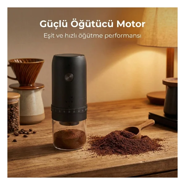 Şarjlı Kahve Öğütücü, İncelik Ayarlı Öğütme Sistemi, Güçlü Öğütücü Motor, Geniş Hazneli Tasarım, 1800 mAh Uzun Şarj Ömrü, Ev Ofis Restoran Kullanımına Uygun Taşınabilir Kahve Öğütme Değirmeni - Görsel 3