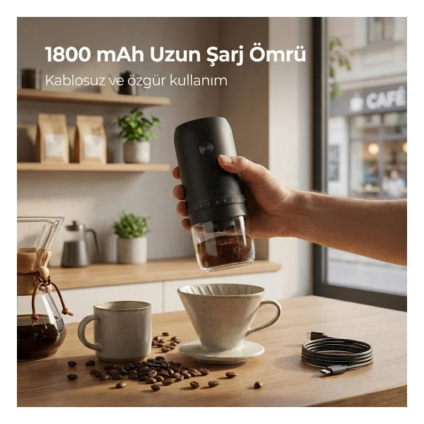 Şarjlı Kahve Öğütücü, İncelik Ayarlı Öğütme Sistemi, Güçlü Öğütücü Motor, Geniş Hazneli Tasarım, 1800 mAh Uzun Şarj Ömrü, Ev Ofis Restoran Kullanımına Uygun Taşınabilir Kahve Öğütme Değirmeni - Görsel 4