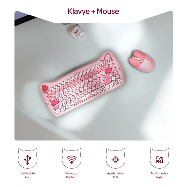 Everest Catty Mini KM-6285 Pembe TKL Kablosuz Klavye Mouse Seti - Görsel 2