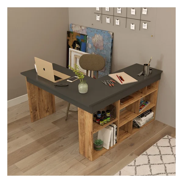Robin Home Boston Kitaplık Raflı Çalışma Masası L Masa Ofis Çalışma Masası Barok-Antrasit - 50 x 72 cm - Kahverengi - Görsel 9
