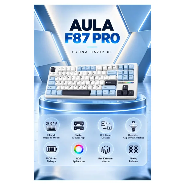 Aula F87 Pro Açık Mavi RGB TKL Graywood V3 Switch Kablolu/Kablosuz Mekanik Oyuncu Klavyesi - Görsel 5