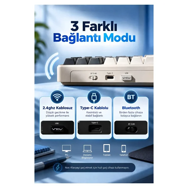 Aula F87 Pro Açık Mavi RGB TKL Graywood V3 Switch Kablolu/Kablosuz Mekanik Oyuncu Klavyesi - Görsel 6