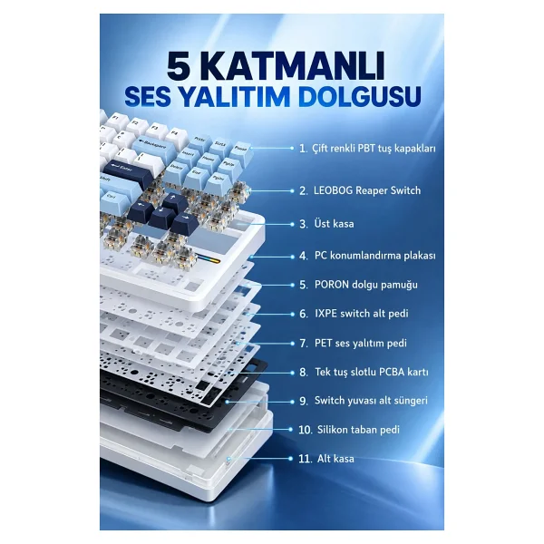 Aula F87 Pro Açık Mavi RGB TKL Graywood V3 Switch Kablolu/Kablosuz Mekanik Oyuncu Klavyesi - Görsel 7