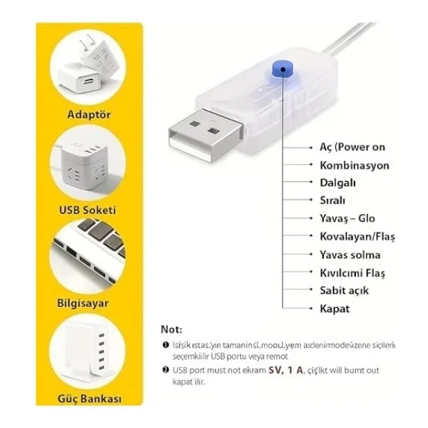 10 Metre Sarı 100 LED Işıklar Işıkları 8 Mod Rgb Işıkları USB Sarı Renkli Işık Dize Işıkları Tel Fonksiyonlu Süsleme Ince Telli Aydınlatmalı Şerit LED Yılbaşı Işık Yılbaşı Süsü - Görsel 3