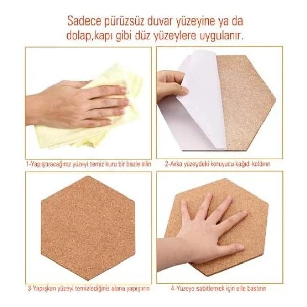 Mantar Levha Altıgen Yapışkanlı Duvar Panoları Arkası 5 Li Set - Görsel 4