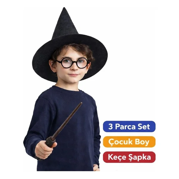 Harry Potter Tarzı Çocuk Seti (Siyah Keçe Şapka, Asa, Gözlük) - Görsel 6