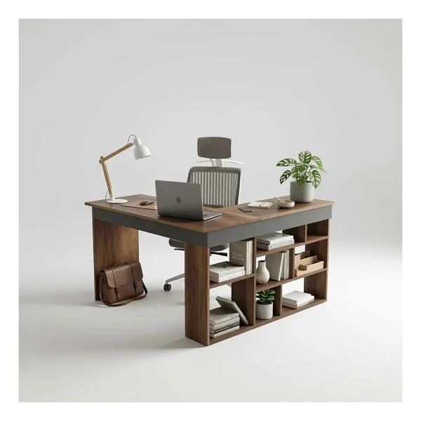 Robin Home Boston Kitaplık Raflı Çalışma Masası L Masa Ofis Çalışma Masası Barok-Antrasit - 50 x 72 cm - Kahverengi - Görsel 8