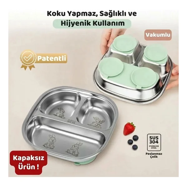 Guqqo Silikon Vakumlu Paslanmaz Çelik Mama Tabağı, 3 Derin Bölmeli Bebek Tabak, 304 Çelik, Yeşil - Görsel 9