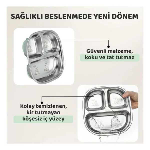 Guqqo Silikon Vakumlu Paslanmaz Çelik Mama Tabağı, 3 Derin Bölmeli Bebek Tabak, 304 Çelik, Yeşil - Görsel 4