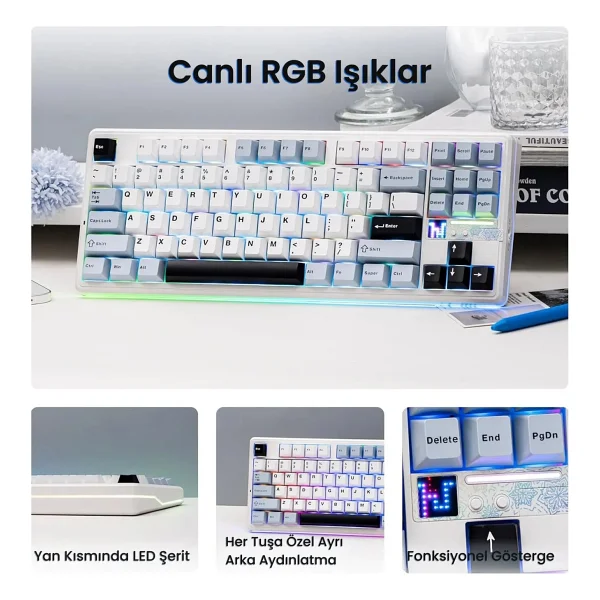 Aula F87 Pro V2 Mekanik Rgb Tkl Star Vector Switch Kablosuz Makrolu Hot Swap Klavye Lacivert - Görsel 6