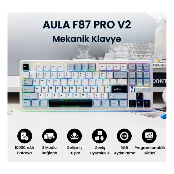 Aula F87 Pro V2 Mekanik Rgb Tkl Star Vector Switch Kablosuz Makrolu Hot Swap Klavye Lacivert - Görsel 8