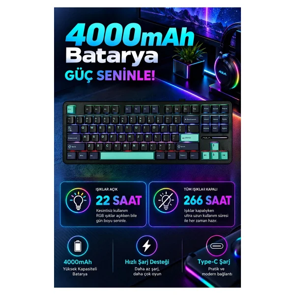 Aula F87 RGB TKL V4 Linear Switch Kablolu/Kablosuz Mekanik Oyuncu Klavyesi - Görsel 6