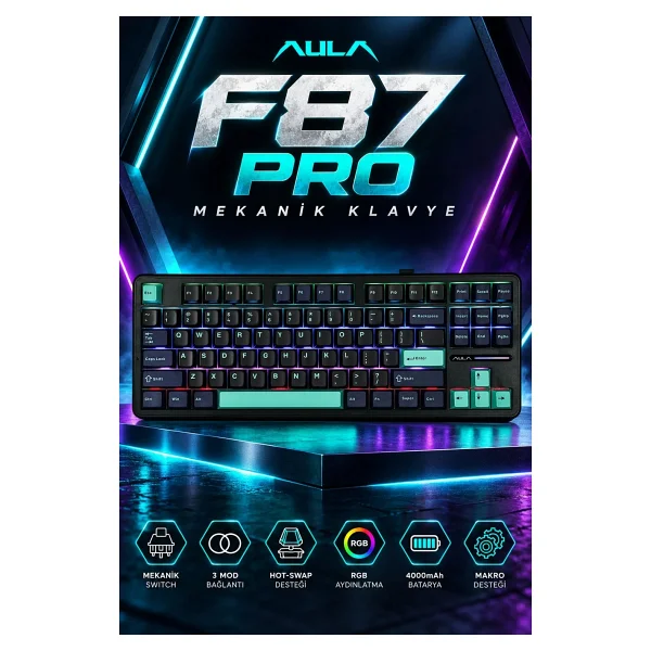 Aula F87 RGB TKL V4 Linear Switch Kablolu/Kablosuz Mekanik Oyuncu Klavyesi - Görsel 8