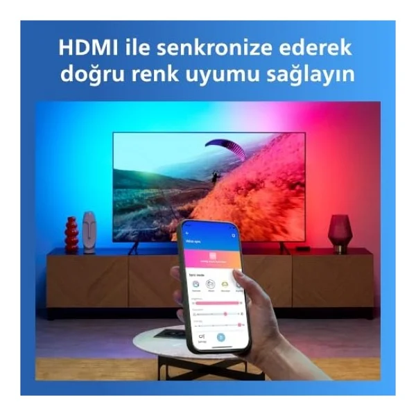 Philips Smart Lighting HDMI Sync Box TV arka ışığı, RGBIC LED şeritler, 55 - 65 inç TV'ler için, senkronizasyon. m. Film, müzik, HDMI 2.0, 4K, 60 Hz'de bağlanır, WiZ ile bağlanır, harici video kaynağı - Görsel 5