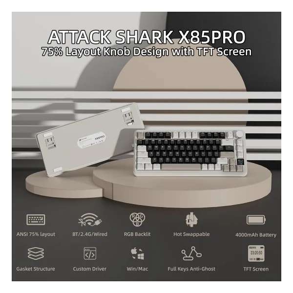 Attack Shark X85PRO RGB Mor İngilizce Kablolu/Kablosuz Mekanik Oyuncu Klavyesi - Görsel 2