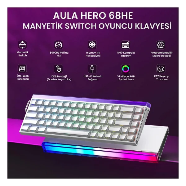 Aula Hero 68 HE Beyaz RGB %65 TKL Jade King Switch Kablolu Mekanik Oyuncu Klavyesi - Görsel 2