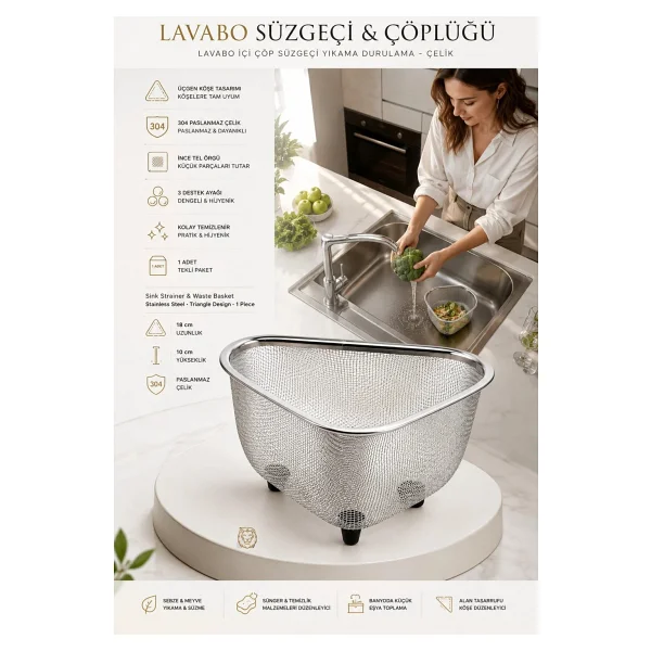Lavabo Süzgeci -Lavabo Çöplüğü - Lavabo Içi Çöp Süzgeci 304 Paslanmaz Çelik 721845 - Görsel 7