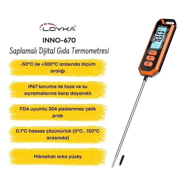 Loyka INNO-670 Su Geçirmez Saplamalı Dijital Gıda Termometresi 300°C IP67 - Görsel 5
