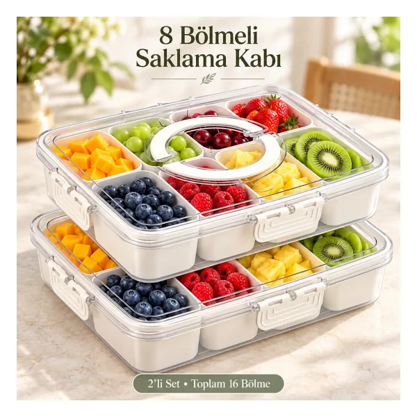 Tilbe Home 2'li 8 Bölmeli Kilit Kapaklı Taşınabilir Saklama Kabı Kahvaltılık Organizer Piknik Seti G - Görsel 8