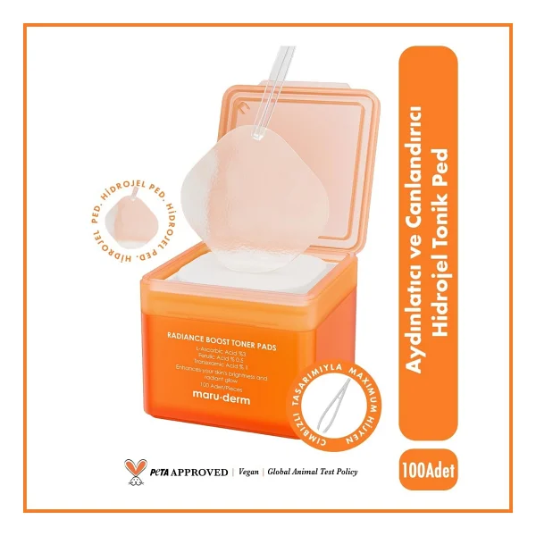 Maruderm Aydınlatıcı ve Canlandırıcı Hidrojel Tonik Ped 100 Adet -L-Ascorbic %3, Tranexamic %1, Ferulic %0.5 - Görsel 2