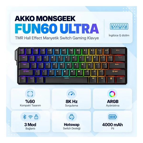 Akko MonsGeek FUN60 Ultra Shine Through Siyah ARGB %60 TKL Glare Magnetic Switch Kablolu/Kablosuz Mekanik Oyuncu Klavyesi - Görsel 6