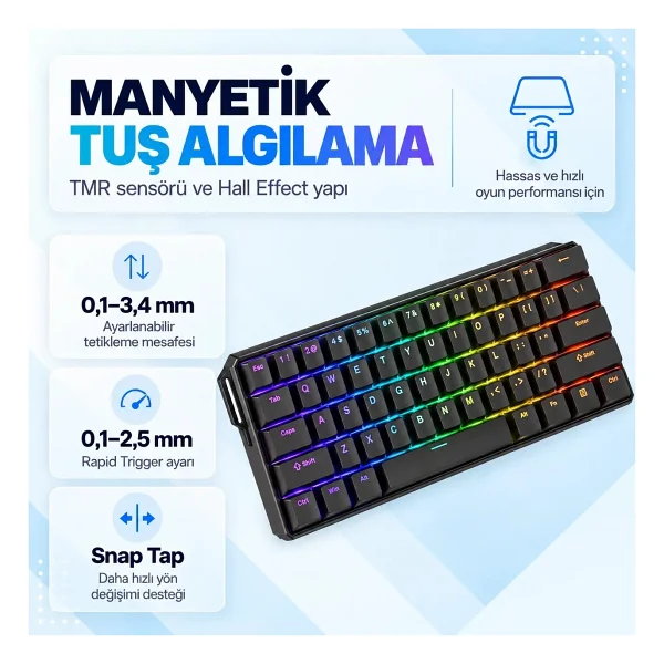 Akko MonsGeek FUN60 Ultra Shine Through Siyah ARGB %60 TKL Glare Magnetic Switch Kablolu/Kablosuz Mekanik Oyuncu Klavyesi - Görsel 7