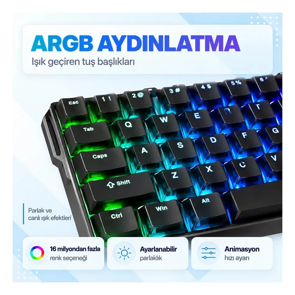 Akko MonsGeek FUN60 Ultra Shine Through Siyah ARGB %60 TKL Glare Magnetic Switch Kablolu/Kablosuz Mekanik Oyuncu Klavyesi - Görsel 10