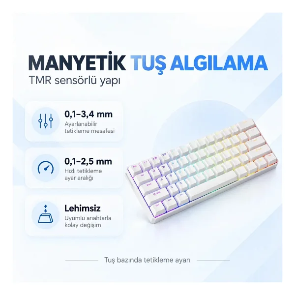 Akko MonsGeek FUN60 Ultra Shine Through Beyaz ARGB %60 TKL Glare Magnetic Switch Kablolu/Kablosuz Mekanik Oyuncu Klavyesi - Görsel 7