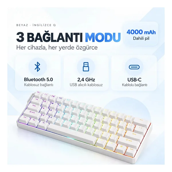 Akko MonsGeek FUN60 Ultra Shine Through Beyaz ARGB %60 TKL Glare Magnetic Switch Kablolu/Kablosuz Mekanik Oyuncu Klavyesi - Görsel 9