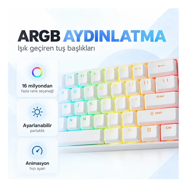 Akko MonsGeek FUN60 Ultra Shine Through Beyaz ARGB %60 TKL Glare Magnetic Switch Kablolu/Kablosuz Mekanik Oyuncu Klavyesi - Görsel 10