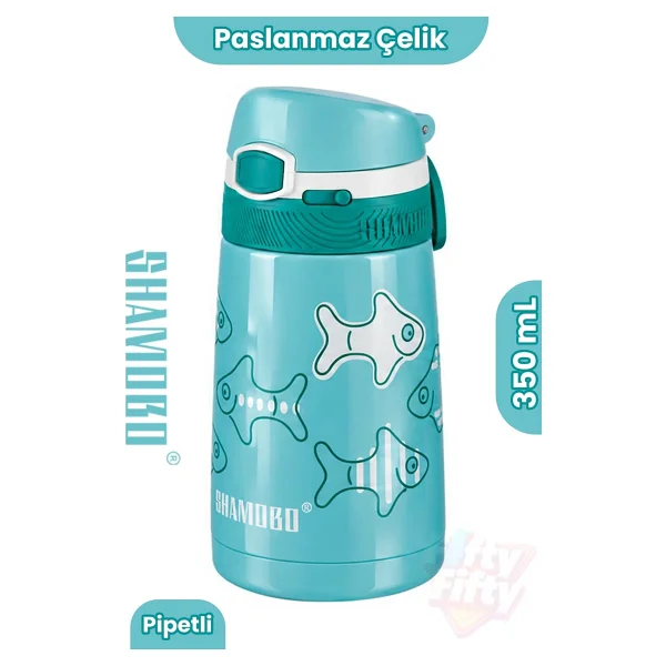 Shamobo Turkuaz 350 ml Pipetli Çelik Matara - Görsel 6
