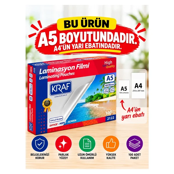Kraf Laminasyon Filmi Parlak A5 100 Mic 100'Lü (2122) - Görsel 3