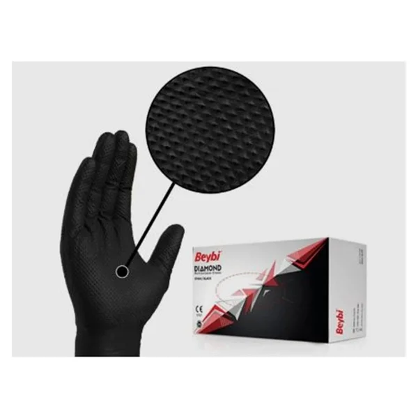 Beybi Diamond Xl Pudrasız Kalın Siyah Nitril Eldiven XL (Kutuda 100 Adet) - Görsel 2