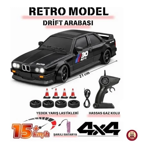 Giffy/Oyuncak Retro Drift Araba 4X4 Uzaktan Kumandalı Araba 2.4Ghz Şarjlı Led Işıklı 15 Km Hız Araba (Siyah) - Görsel 4