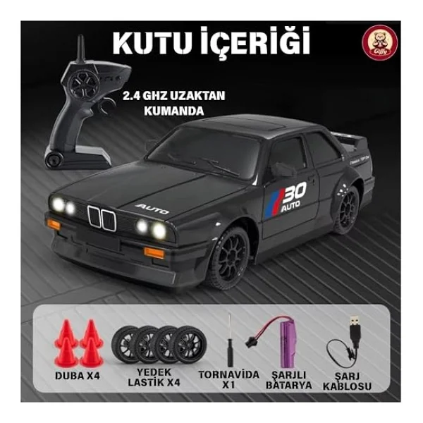 Giffy/Oyuncak Retro Drift Araba 4X4 Uzaktan Kumandalı Araba 2.4Ghz Şarjlı Led Işıklı 15 Km Hız Araba (Siyah) - Görsel 5