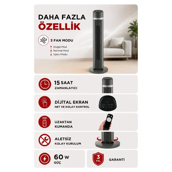 Luxell LXF-260 Plus Uzaktan Kumandalı Kule Tipi Vantilatör - Görsel 6