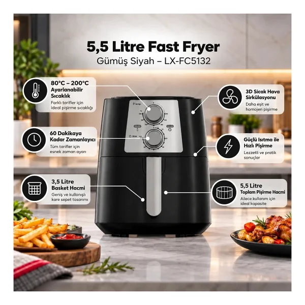 Luxell Fastfryer Silver Plus LX-FC5132 5.5 lt Yağsız Fritöz - Görsel 3