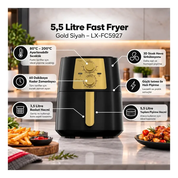 Luxell Fastfryer Gold Plus LX-FC5937 5.5 lt Yağsız Fritöz - Görsel 4