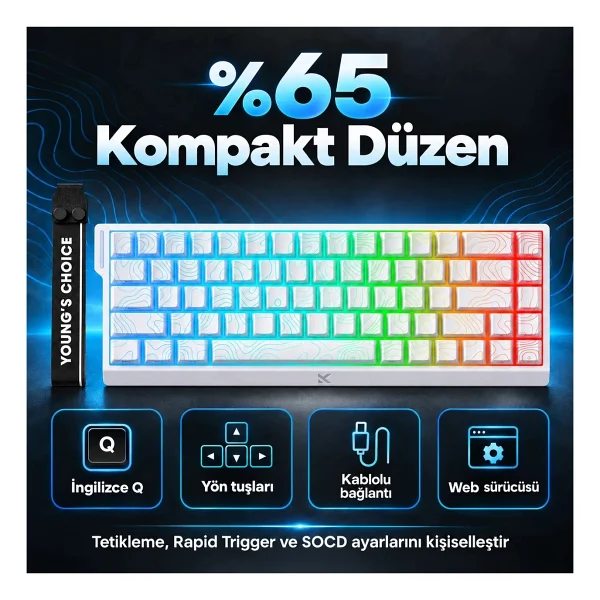 Mchose Ace 68 MC-ACE68-16 Topographic Beyaz RGB %65 TKL Uranus Magnetic Switch eSports Kablolu Mekanik Oyuncu Klavyesi - Görsel 6